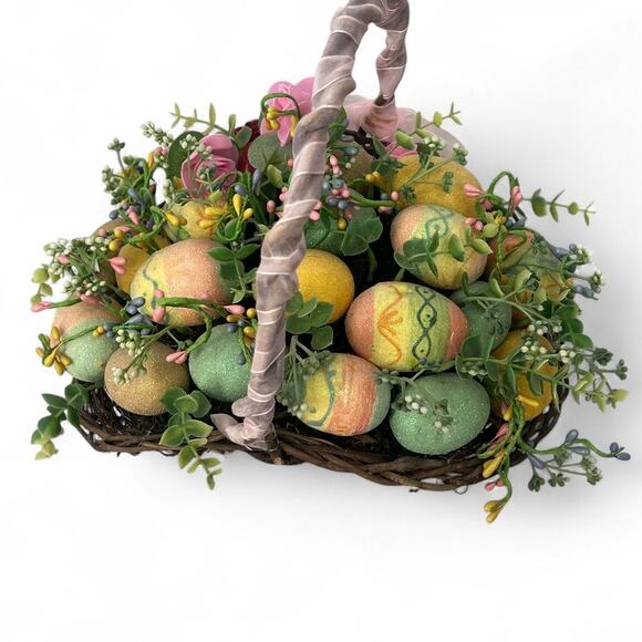 Easter Basket Filled  Eggs Floral Greenery Wicker Hat Table Decor Centerpiece - Picture 4 of 6